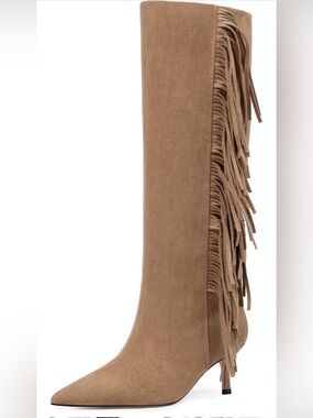 Fringe Suede Knee-High Boots - Tan size 9